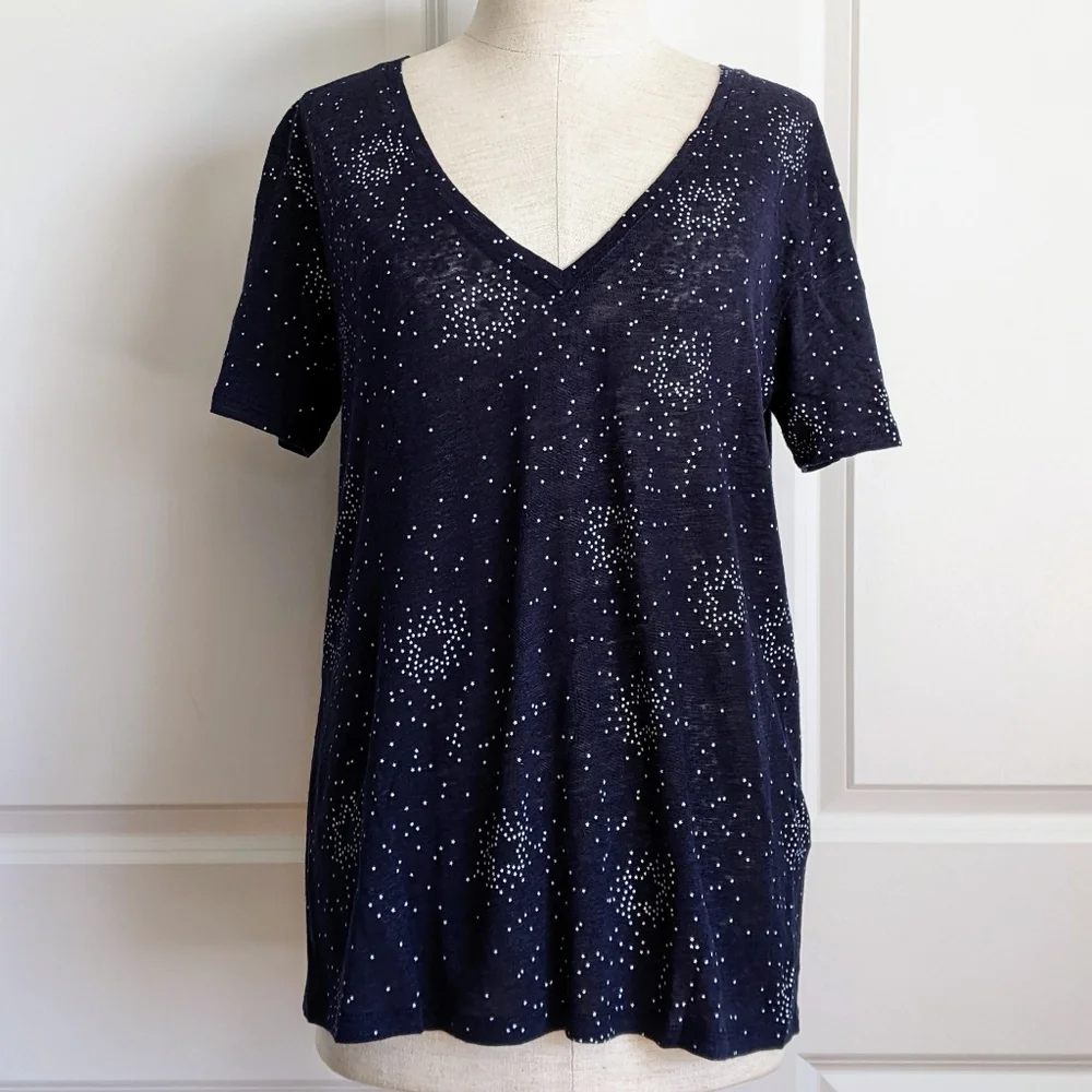 Rails Tee Linen Blend Star Print V-Neck Short Sleeve Semi Sheer Navy White M NWT - Picture 1 of 11